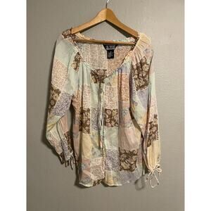 Vintage SK Wear Womens Tunic Medium Petite Patchwork Floral Sheer Peasant Boho